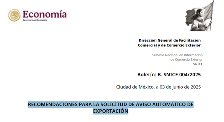 RECOMENDACIONES PARA LA SOLICITUD DE AVISO AUTOMÁTICO DE EXPORTACIÓN